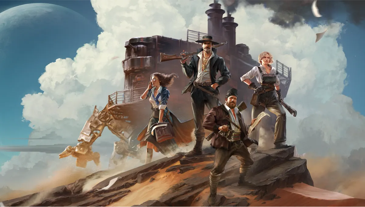 A raid crew standing in front of a walking mobile base in SAND Raiders of Sophie