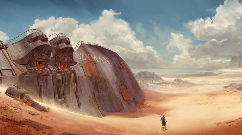 A desert wreck and ruins scene under a wide sky in SAND Raiders of Sophie