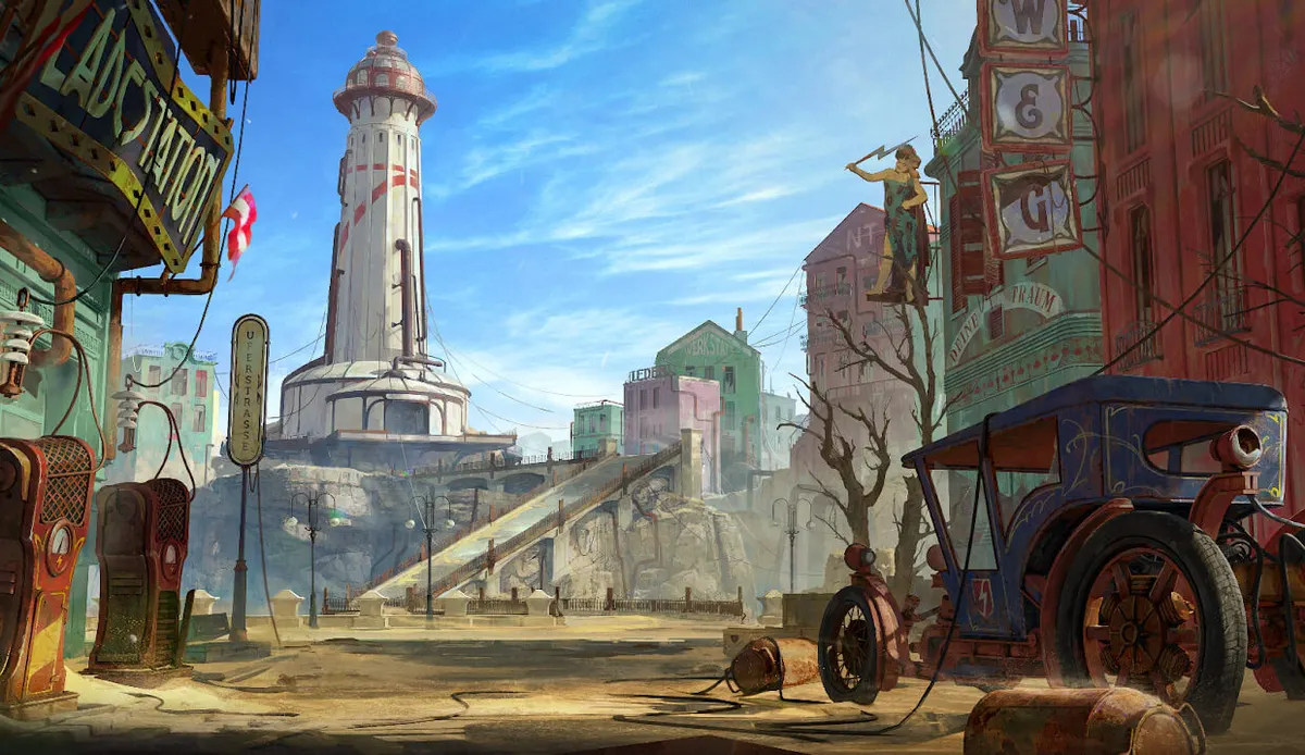 A dieselpunk settlement and lighthouse environment from SAND Raiders of Sophie