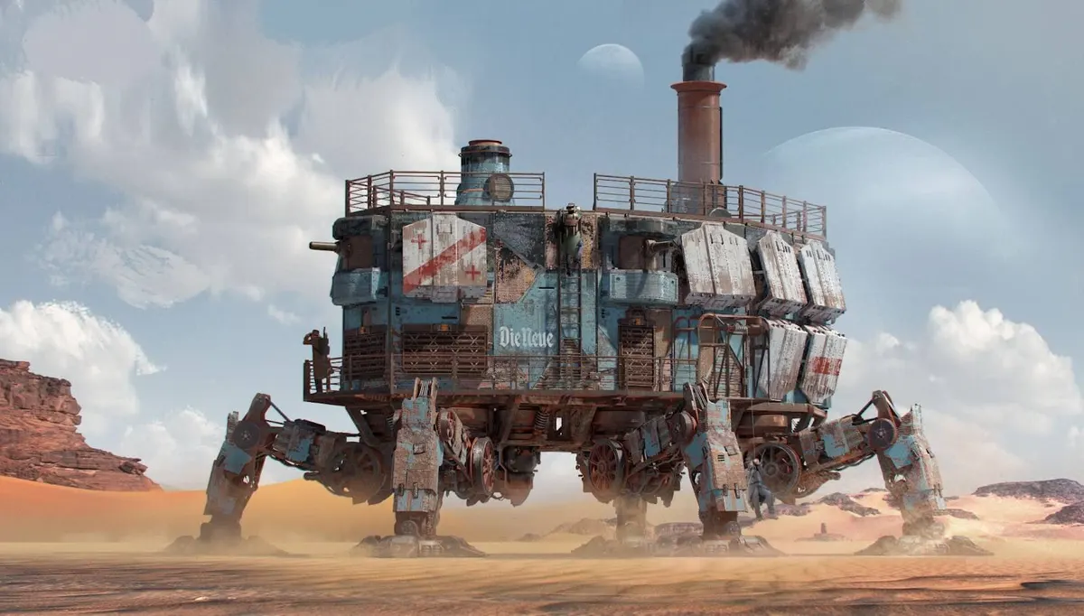 A large Trampler walking fortress moving across a desert landscape in SAND Raiders of Sophie